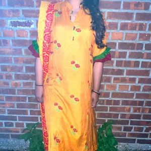 Mustard yellow and red aarong salwar Kameez
